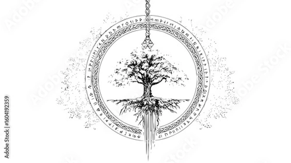 Fototapeta Illustration of a tree with roots and branches inside a rune circle with a valknut symbol above it