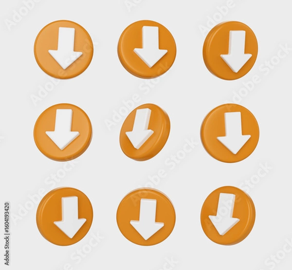 Fototapeta 3D Set of White downward arrow on a Orange circular icon, symbolizing download or downward direction, 3d illustration