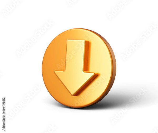 Fototapeta 3D Golden icon with a downward arrow symbol, symbolizing download or downward direction, 3d illustration