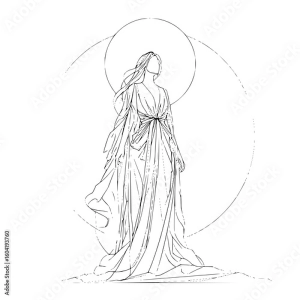 Fototapeta Line art of a woman in a flowing dress with a circular halo behind her standing gracefully in a sketch