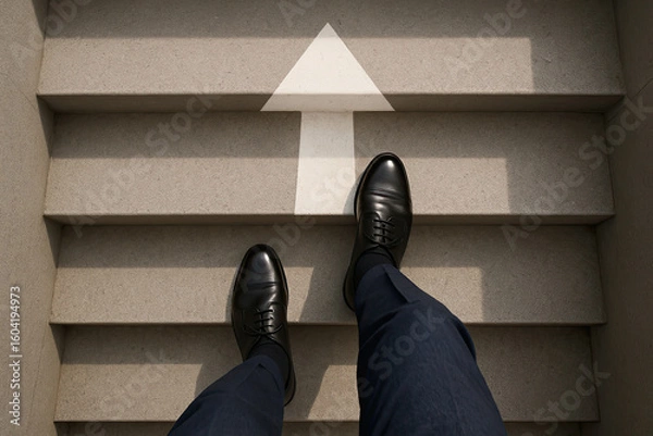 Fototapeta Generative AI:  man legs in shoes climbing stairs with arrow. business. success or progress concept
