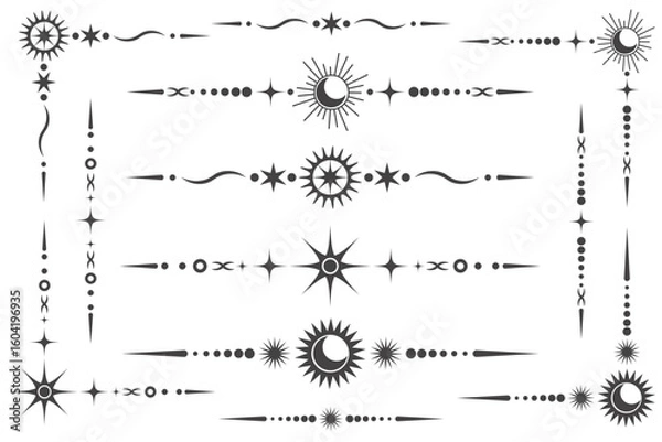 Fototapeta Celestial vector border with magic stars. Mystic ornament with moon and astrology elements. Decorative divider with isoteric symbols.