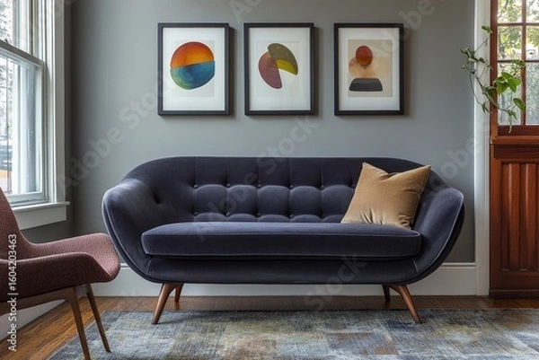 Fototapeta Mid-century home interior design for a modern living room, featuring a dark grey sofa and chair against a grey wall with three art frames, Generative AI