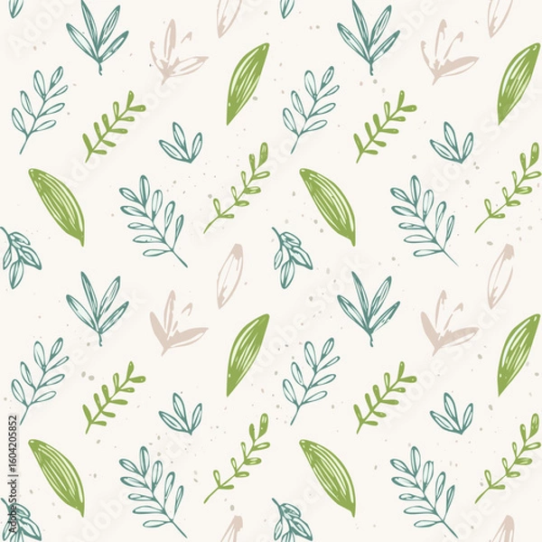 Fototapeta Seamless Hand-Drawn Floral and Leaf Pattern in Crayon Style