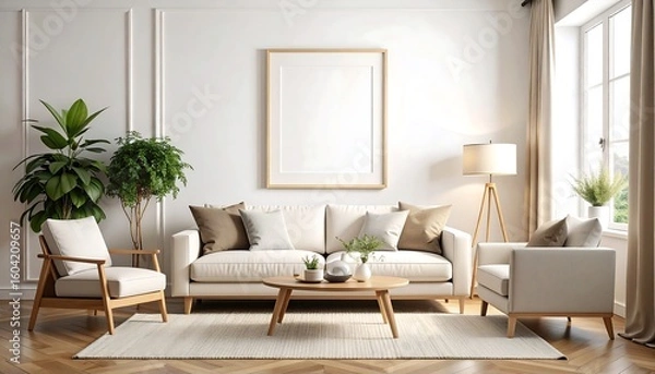 Fototapeta A calming living room ambiance with elegant decor and blank frame for personalization