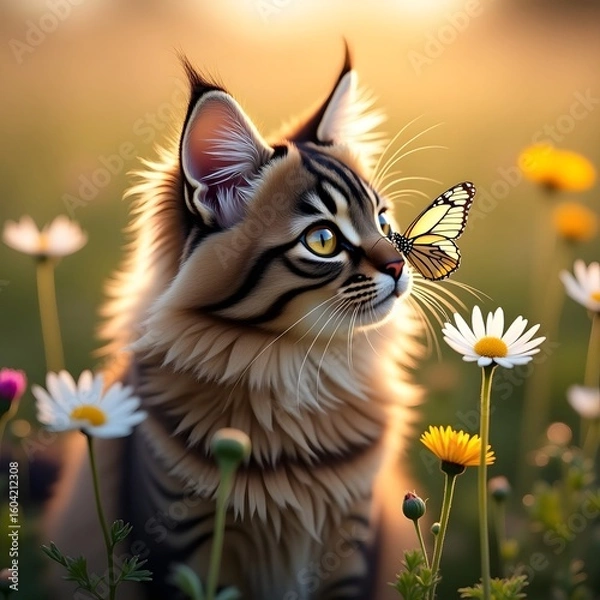 Fototapeta Adorable lynx kitten with butterfly on nose in a sunlit meadow