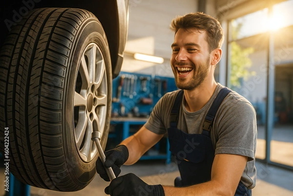 Obraz Mechanic smiles while changing tire in an auto repair shop during sunny afternoon hours