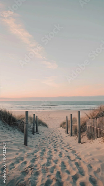Fototapeta Tranquil beach pathway leading to serene ocean at dusk with gentle waves and pastel skies