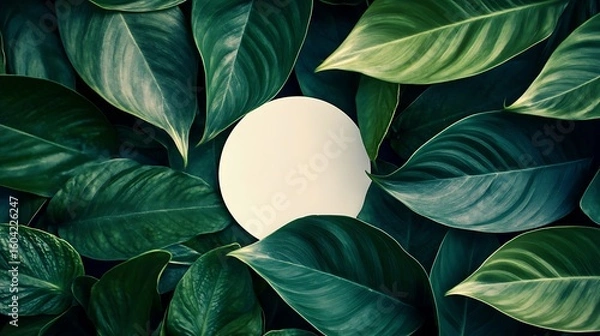 Fototapeta Tropical Green Leaves Surrounding Minimal Blank Round Space for Eco Branding, Nature Concept, or Organic Design