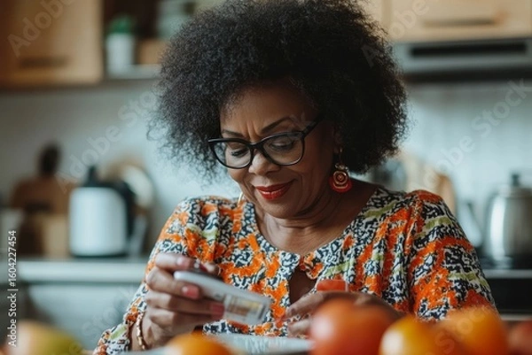 Fototapeta Woman with diabetes checking her glucose level at home using a continuous glucose monitor, promoting self-care and health management, Generative AI