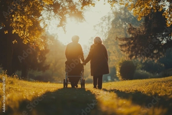 Fototapeta Female caregiver and senior woman with walker enjoying a walk in nature on a warm day, promoting active living and outdoor exercise in a nursing home setting, Generative AI