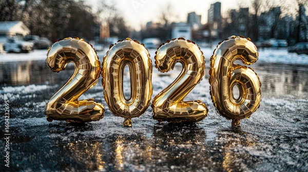 Fototapeta Golden foil balloons shaped as numbers 2026 on a festive bright background with bokeh lights, symbolizing happy new year celebration, holiday greeting card and winter season concept