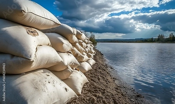 Fototapeta Sandbags Lined Along Flooded Riverbank Under Dramatic Cloudy Sky for Flood Protection and Emergency Preparedness