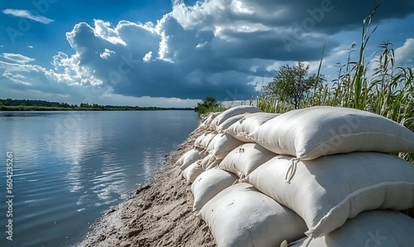 Fototapeta Sandbags Lined Along Flooded Riverbank Under Dramatic Cloudy Sky for Flood Protection and Emergency Preparedness