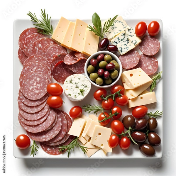 Fototapeta Gourmet cheese and charcuterie platter with assorted meats, olives, cherry tomatoes and crackers on white background