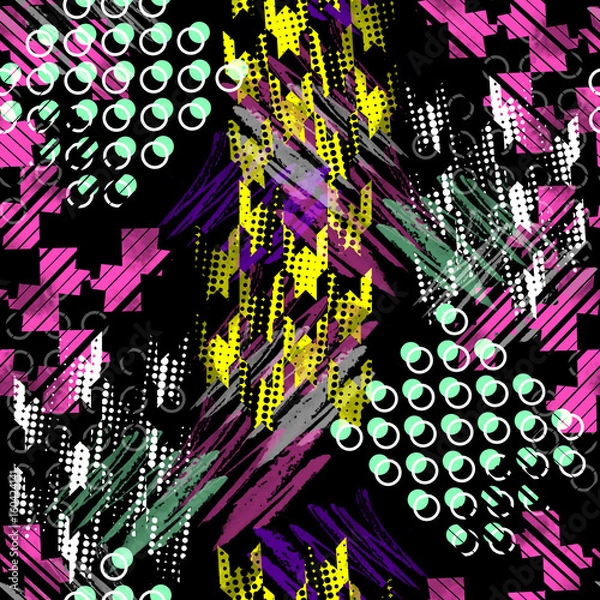 Fototapeta Seamless pattern memphis design. Urban background with houndstooth elements, dots, strokes and watercolor effect. Textile print for bed linen, jacket, package design, fabric and fashion concepts.