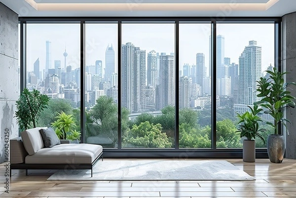 Fototapeta A large modern window frame with sleek black metal and oversized panes of clear glass, offering a panoramic view of a city skyline -