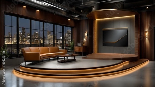 Fototapeta Modern talk show set with city view and warm lighting