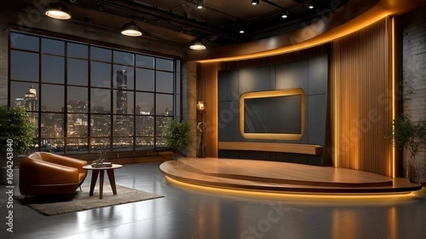 Fototapeta Modern studio set with city view and warm lighting