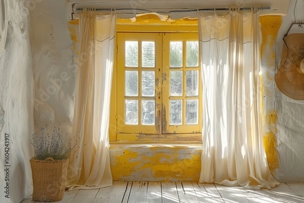 Fototapeta A large rustic wooden window frame with a distressed finish, painted in mustard yellow, adorned with flowing sheer white curtains 