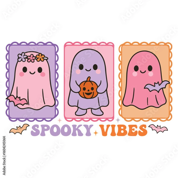 Fototapeta Spooky Vibes - Cute Spooky Ghost Halloween T-shirt Vector, Scary Halloween Ghostly Illustration, Spooky Vibes Saying, Holiday Seasonal Shirt Design