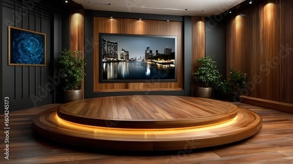 Fototapeta Modern studio set with circular stage and cityscape backdrop