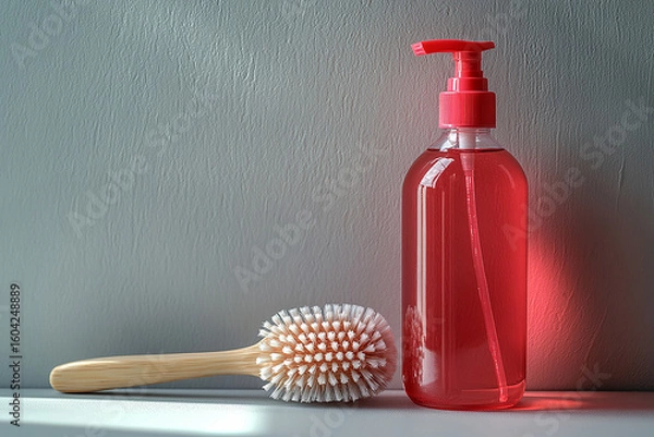 Obraz Brand friendly. Brush next to a red detergent bottle on a light background. Commercial use. Product Styling. Shiny surfaces.