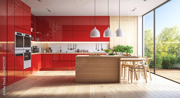 Fototapeta Modern red kitchen with island and large window overlooking lush green trees