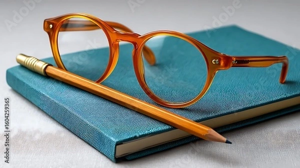 Fototapeta Reading glasses and pencil on a teal blue book