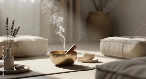 Fototapeta Meditation Room Still Life. A peaceful, soft-lit scene of a meditation space. A golden singing bowl is the central focus, with smoke rising from a lit incense stick inside. 