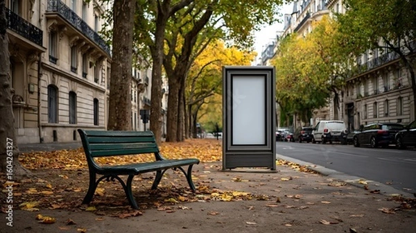 Obraz Autumn bench and billboard on a parisian street