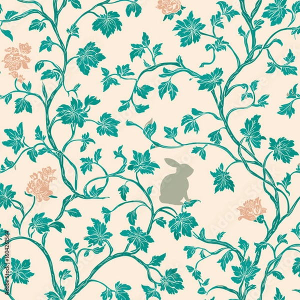 Obraz Oriental Rabbit and Vine Pattern – Traditional Korean Folklore Motif