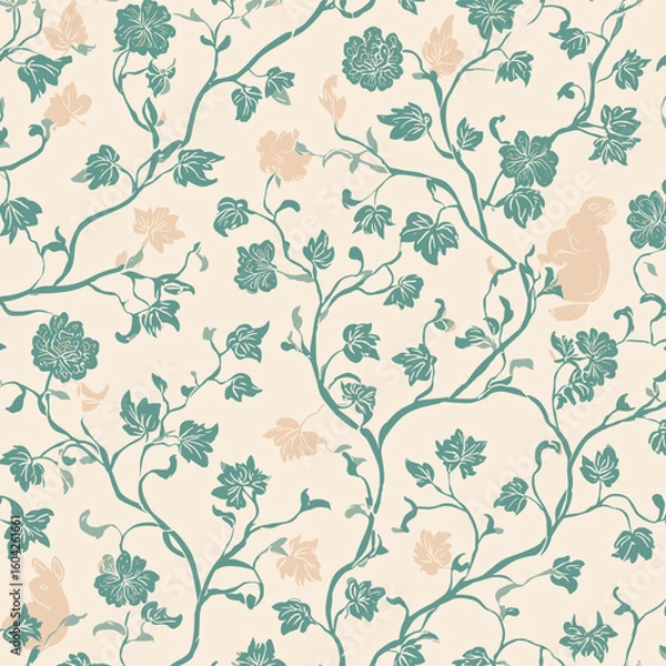 Fototapeta Oriental Rabbit and Vine Pattern – Traditional Korean Folklore Motif