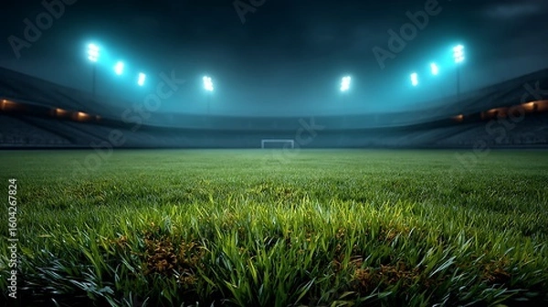 Obraz Empty soccer stadium at night under bright floodlights