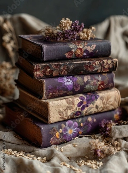 Obraz Stack of vintage books with floral designs,  purple and dark tones, atop a draped fabric with dried flowers