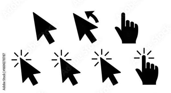Obraz Illustration of collection of black computer mouse cursor icons including pointers clicking cursors and hand cursors isolated on transparent background