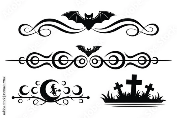 Fototapeta 
Set of four Halloween-themed decorative elements with bats, a witch crescent moon broomstick, and gravestone motifs swirls 
