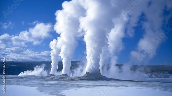 Fototapeta Towering geysers shooting steam into blue sky across a geothermal field no human no labelling no logo