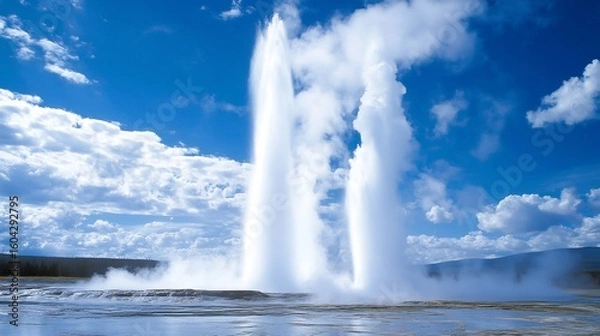 Fototapeta Towering geysers shooting steam into blue sky across a geothermal field no human no labelling no logo