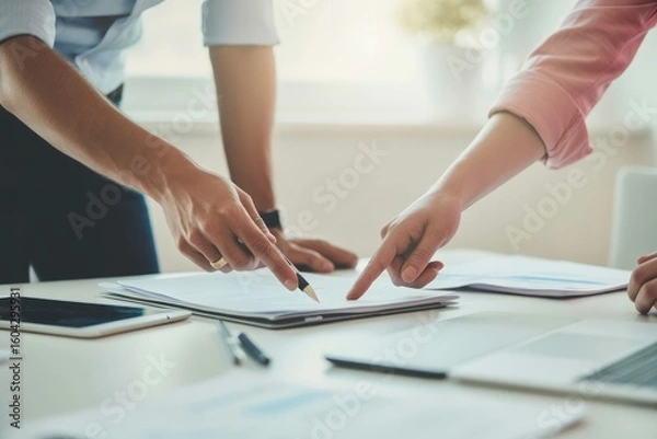 Fototapeta People pointing at documents during meeting hands