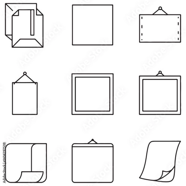 Fototapeta Collection of minimalist outlined vector illustrations depicting various forms of document and frame elements