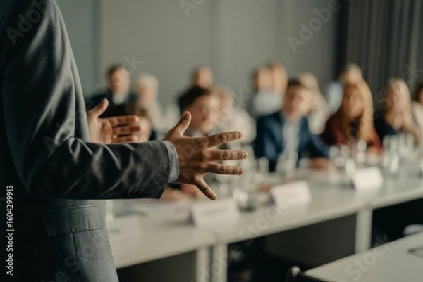Obraz Speaker gesturing during business meeting presentation