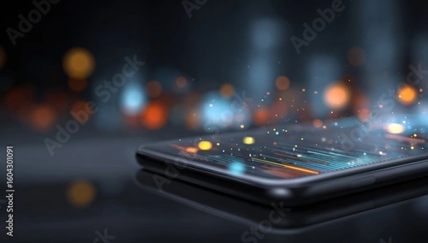 Fototapeta Abstract glowing streaks emanate from a sleek device reflecting a blurred cityscape suggesting connectivity and modern digital communication.
