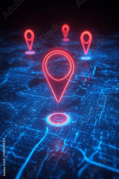 Fototapeta Three neon GPS icons highlighted on a techno city map, perfect for tech, travel, and geolocation concepts.