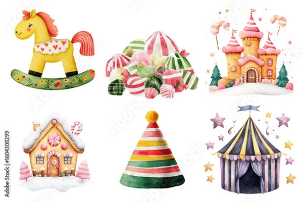 Fototapeta Watercolor illustrations of a rocking horse candy pile gingerbread house circus tent and a party hat transparent