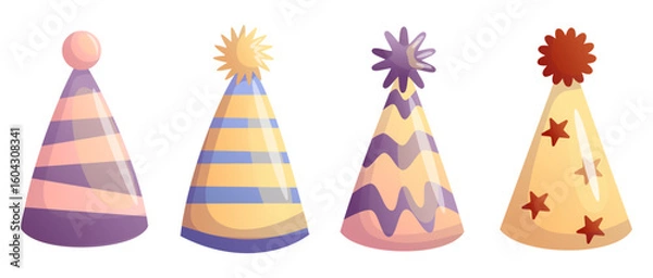 Obraz Cartoon Party Hats Vector for Celebrations and Events. Bright cartoon-style vector illustration of festive party hats. Perfect for birthdays, holidays, and celebration-themed designs or invitations.
