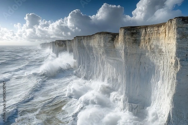 Fototapeta Windswept coastal cliffs battered roaring ocean waves no human no labelling no logo