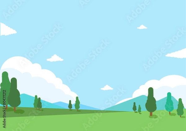 Fototapeta A bright and sunny landscape with green hills, trees, and blue sky
