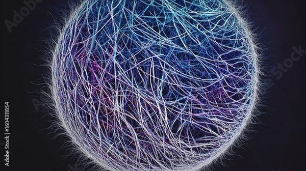 Fototapeta A vivid color photograph of an abstract sphere made up of many thin lines, set against a black background with blue and purple hues.