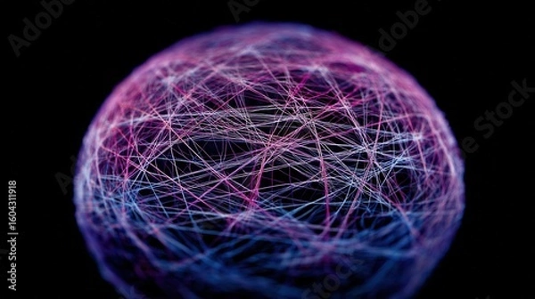 Fototapeta A vivid color photograph of an abstract sphere made up of many thin lines, set against a black background with blue and purple hues.